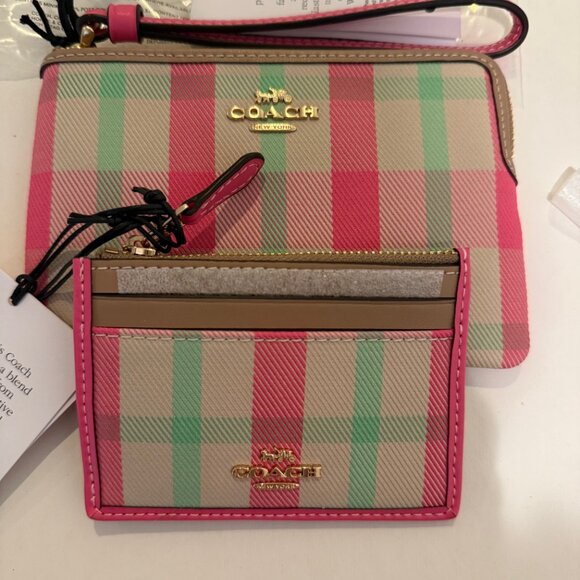 Coach Mini Skinny Id Case w wristlet/wallet /Plaid Print set/pink/ multi - Picture 8 of 16